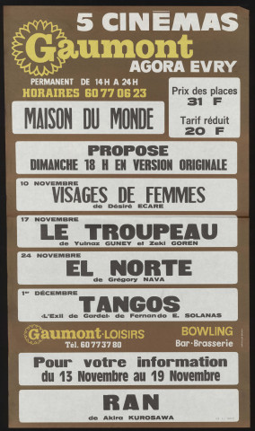 EVRY. - Cinéma Gaumont. Projection de film : programme, Agora d'Evry, [13 novembre-19 novembre 1985]. 