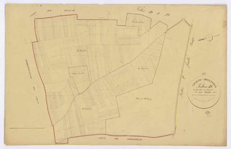 CHALOU-MOULINEUX. - Section D - du Paradis et du Poirier, 2, ech. 1/2500, coul., aquarelle, papier, 67x104 (1831). 