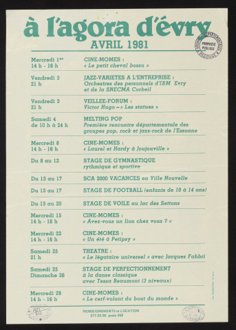 EVRY. - A l'Agora d'Evry : programme culturel, avril 1981. 