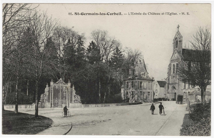SAINT-GERMAIN-LES-CORBEIL. - L'entrée du château et l'église [Editeur HS, 1912, timbre à 10 centimes]. 