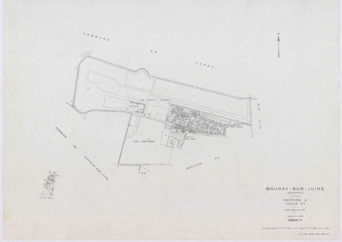 BOURAY-SUR-JUINE, plans minutes de conservation : tableau d'assemblage,1947, Ech. 1/10000 ; plans des sections A1, A2, D, 1947, Ech. 1/2500, sections B1, B2, C1, C2, 1947, Ech. 1/1250, sections ZA, ZB, ZC, 1968, Ech. 1/2000. Polyester. N et B. Dim. 105 x 80 cm [11 plans]. 