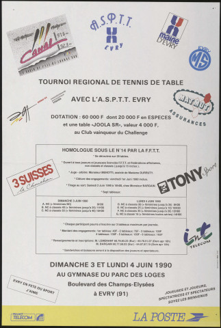 EVRY. - Tournoi régional de tennis de table, Gymnase du Parc des Loges, 3 juin-4 juin 1990. 