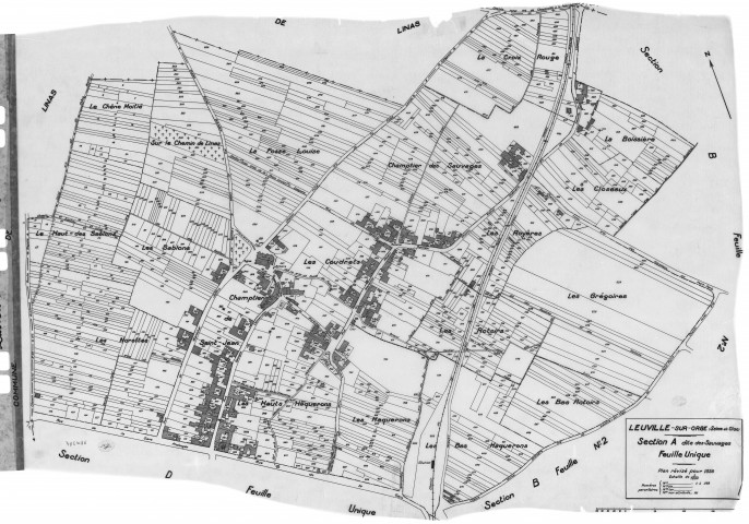 LEUVILLE-SUR-ORGE .- Cadastre révisé pour 1936 : plan du tableau d'assemblage, plans de la section A les Sauvages, section C la Rue Glatigny, section D le Parc ; cadastre révisé pour 1936 mis à jour pour 1968 : plan de la section A les Sauvages ; cadastre révisé pour 1936 mis à jour pour 1971 : plan de la section C la Rue de Glatigny, [6 plans]. 