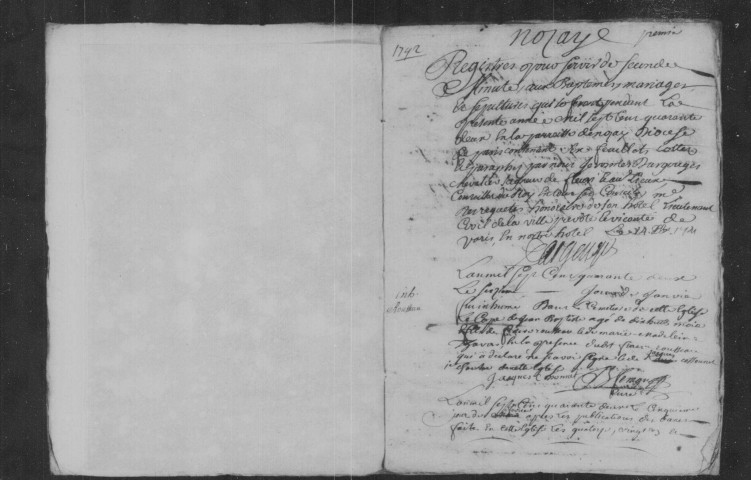 NOZAY. Paroisse Saint-Germaind'Auxerre : Baptêmes, mariages, sépultures : registre paroissial (1692-1742). [Lacunes : B.M.S. (1696-1699, 1717-1736)]. 