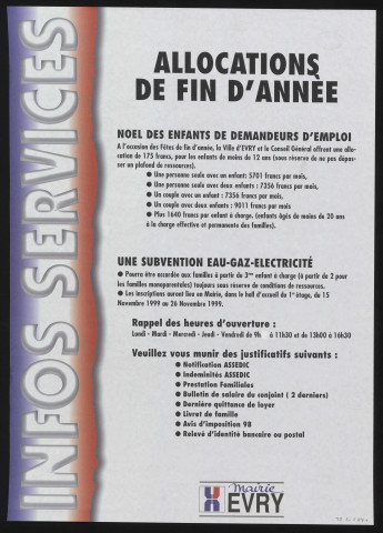 EVRY. - Infos services : allocations de fin d'année, 1999. 