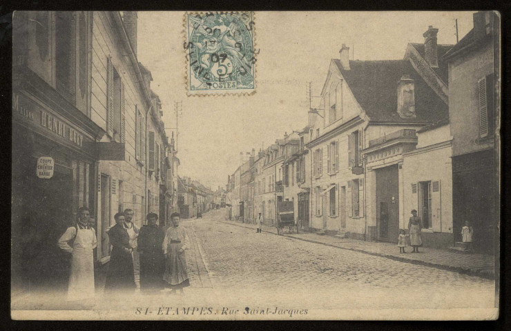 ETAMPES. - Rue Saint-Jacques. Editeur phototypie P. Royer, Etampes, 1907, 1 timbre à 5 centimes. 