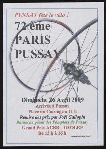 PUSSAY.- Pussay fête le vélo. 72ème Paris Pussay, Place du Carouge, 26 avril 2009. 