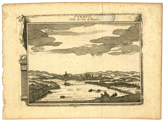 CORBEIL. - Vue de CORBEIL et de la SEINE, XVIIIe siècle, N et B. Dim. 15 x 20,5 (original). 