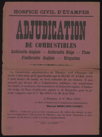 ETAMPES.- Adjudication de combustibles anthracite anglais, anthracite belge, fines d'anthracite anglais, briquettes, Hospice civil d'Etampes, 17 avril 1913. 