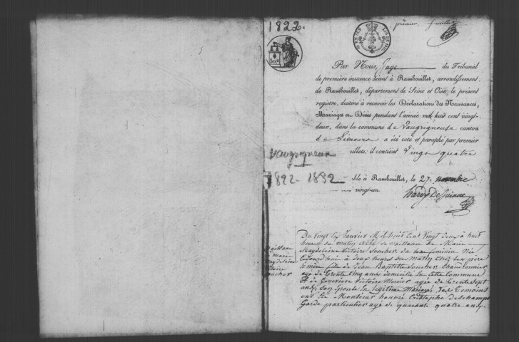 VAUGRIGNEUSE. Naissances, mariages, décès : registre d'état civil (1822-1832). 