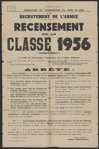 Seine-et-Oise [Département]. - Recrutement de l'armée. Recensement de la classe 1956, 12 octobre 1954. 