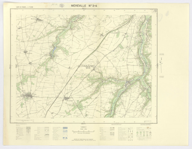 Carte de MEREVILLE. - Feuilles n° 3 et 4, Institut géographique national, 1957. Ech. 1/25 000. Coul. Dim. 0,56 x 0,73. 