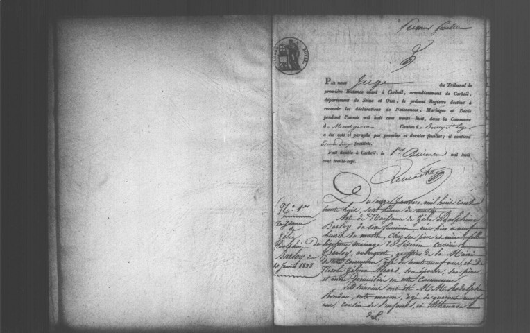 MONTGERON. Naissances, mariages, décès : registre d'état civil (1838-1844). 