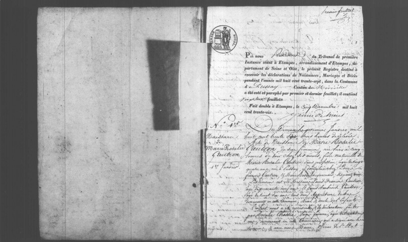 PUSSAY. Naissances, mariages, décès : registre d'état civil (1837-1848). 