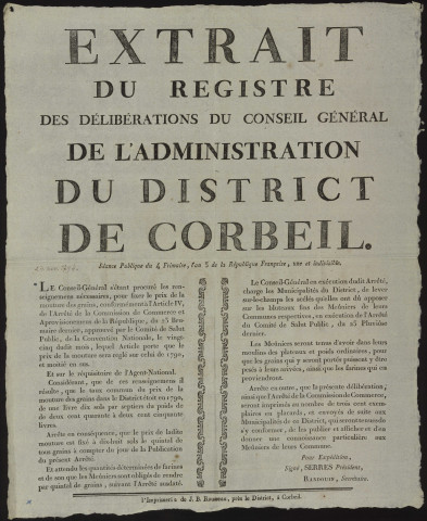CORBEIL-ESSONNES. - Extrait du registre des délibérations du Conseil général de l'Administration du district de Corbeil. Séance publique du 4 frimaire de l'an trois de la République, 1794-1795. 