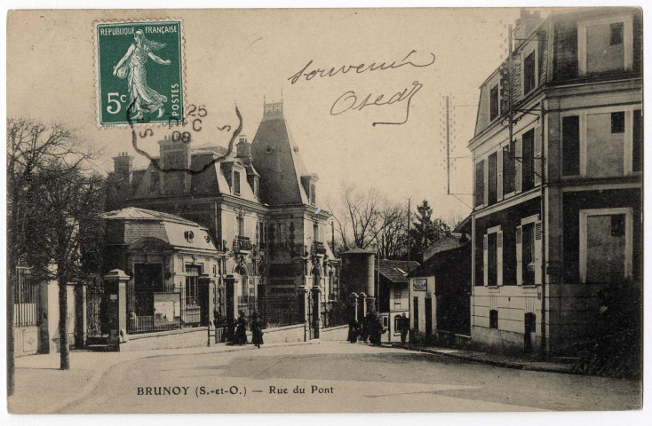 BRUNOY. - Rue du Pont, 1908, 2 mots, 5 c, ad. 