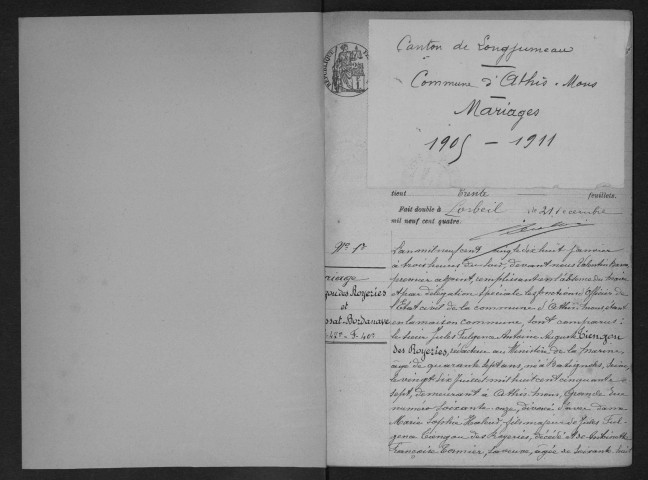 ATHIS-MONS.- Mariages : registre d'état civil (1905-1911). 