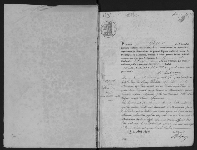 MARCOUSSIS. Naissances, mariages, décès : registre d'état civil (1847-1851). 