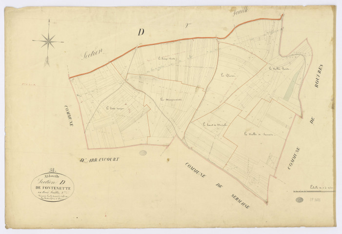 ABBEVILLE-LA-RIVIERE. - Section D - Fontenette, 3, ech. 1/2500, coul., aquarelle, papier, 67x99 (1831). 