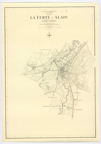 Plan topographique de LA FERTE-ALAIS avec lieux-dits supplémentaires (le PIERRIER à la RAFLETTE, l'HERMITAGE, la COLESSE), dressé et dessiné par J. LEROY, ingénieur, 1954. Ech. 1/5 000. N et B. Dim. 1,05 x 0,73. 