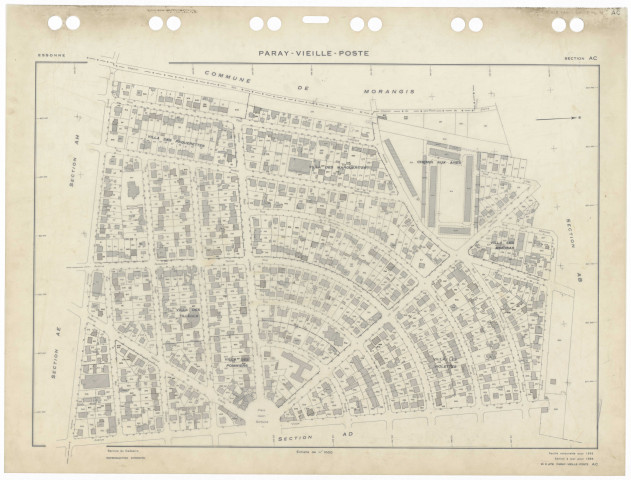 PARAY-VIEILLE-POSTE, plans minutes de conservation : tableau d'assemblage,1969, Ech. 1/5000 ; plans des sections AB, 1969, Ech. 1/5000, sections AC, AD, AE, AH, 1969, Ech. 1/1000. Polyester. N et B. Dim. 105 x 80 cm [6 plans]. 