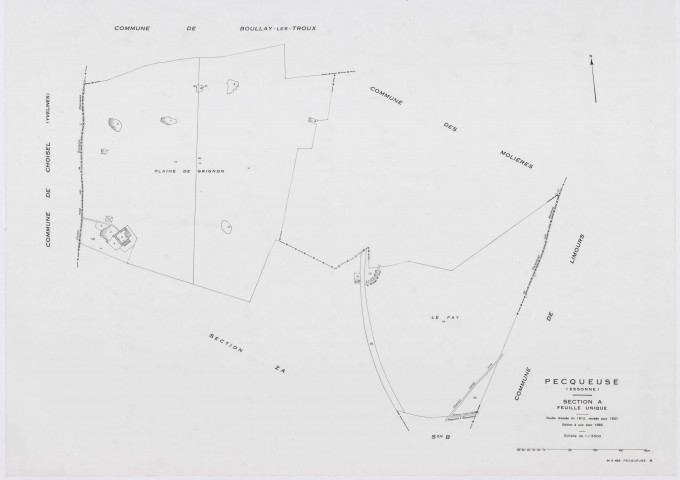 PECQUEUSE, plans minutes de conservation : tableau d'assemblage,1937, Ech. 1/10000 ; plans des sections A, B, D, 1937, Ech. 1/2500, section C, 1937, Ech. 1/1250, section Z, 1959, Ech. 1/2000, sections ZA, ZB, ZC, ZD, ZE, 1975, Ech. 1/2000. Polyester. N et B. Dim. 105 x 80 cm [11 plans]. 