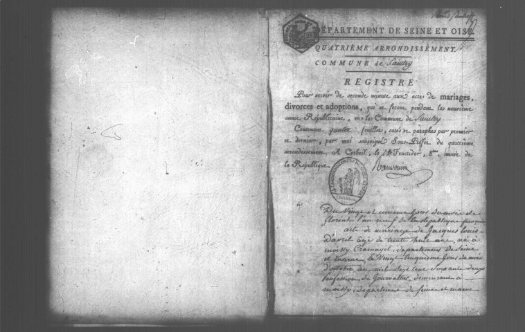 SAINTRY-SUR-SEINE. Naissances, mariages, décès : registre d'état civil (an IX-1810). 