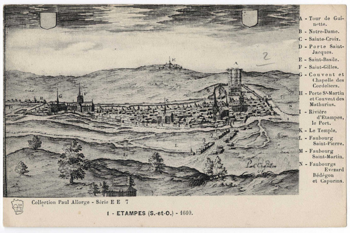 ETAMPES. - Etampes en 1610 [Editeur S. et O. artistique, Allorge ; carte d'après dessin par Chastillon]. 