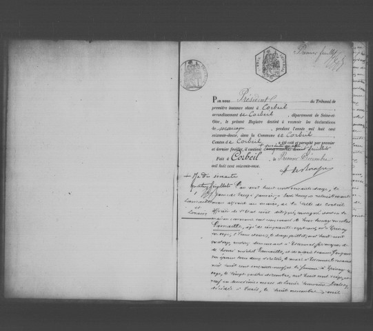 CORBEIL. Mariages : registre d'état civil (1872). 