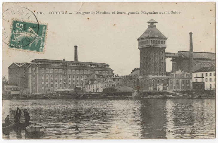 CORBEIL-ESSONNES. - Les grands moulins et leurs grands magasins sur la Seine, Mardelet, 1914, 1 mot, 5 c. 