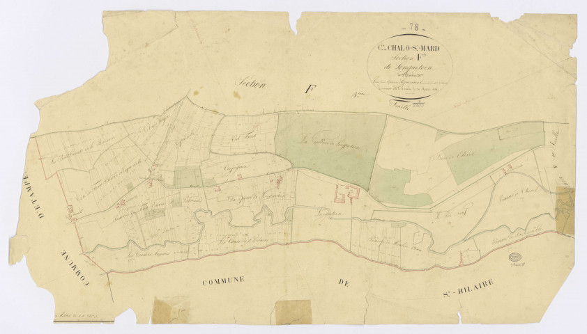 CHALO-SAINT-MARS. - Section F - Longuetoise, 3, ech. 1/2500, coul., aquarelle, papier, 55x98 (1825). 