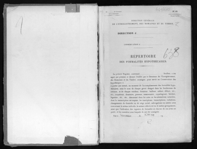 Conservation des hypothèques de CORBEIL. - Répertoire des formalités hypothécaires, volume n° 638 : A-Z (registre ouvert en 1943). 