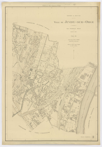 Plan topographique régulier de JUVISY-SUR-ORGE - Centre Ville dressé et dessiné par M. POUSSIN, géomètre, vérifié par M. GESTA, ingénieur-géomètre, feuille 2, 1945. Ech. 1/2.000. N et B. Dim. 1,06 x 0,74. 