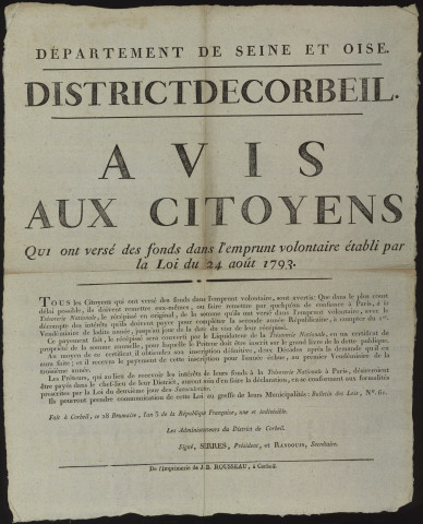 CORBEIL-ESSONNES. - Avis aux citoyens du district de Corbeil qui ont versé des fonds dans l'emprunt volontaire établi par la loi du 24 août 1793, 1794-1795. 