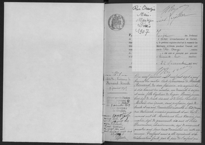 RIS-ORANGIS. - Naissances, mariages, décès : registre d'état civil.