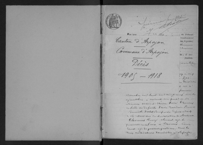 ARPAJON.- Déces : registre d'état civil (1905-1918). 