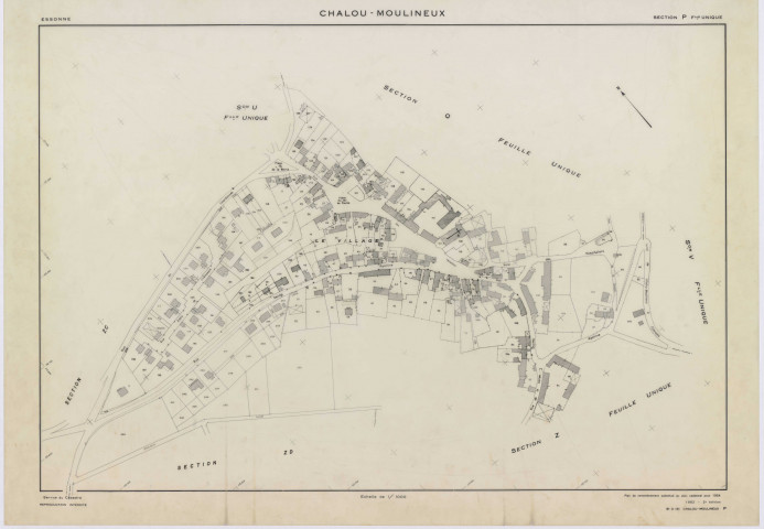 CHALOU-MOULINEUX, plans minutes de conservation : tableau d'assemblage,1954, Ech. 1/10000 ; plans des section P, 1954, Ech. 1/1000, sections Q, U, V, W, X, Y, Z, 1954, Ech. 1/2000, section ZA, 1982, Ech. 1/2000, sections ZB, ZC, ZD, 1994, Ech. 1/2000. Polyester. N et B. Dim. 105 x 80 cm [13 plans]. 