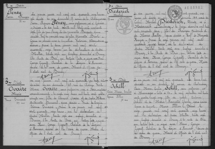 BRUNOY.- Décès : registre d'état civil (1940). 