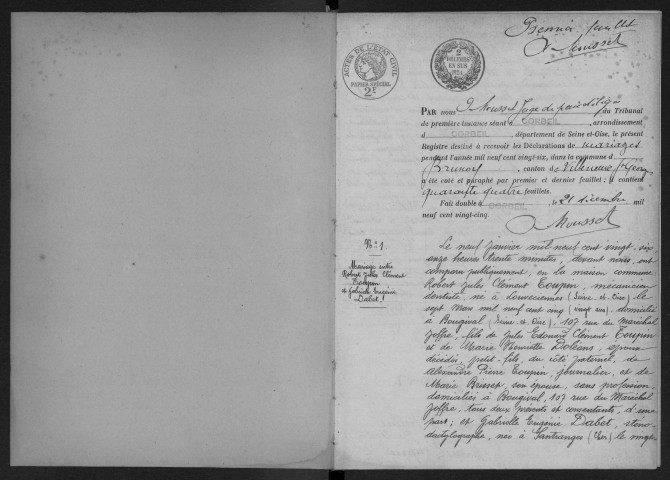 BRUNOY.- Mariages : registre d'état civil (1926). 