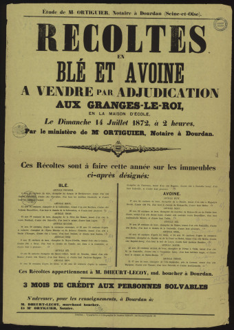 GRANGES-LE-ROI (les).- Vente par adjudication de récoltes en blé et avoine appartenant à M. DHEURT-LECOY, 14 juillet 1872. 