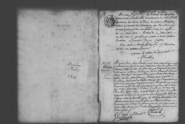 DOURDAN. Naissances, mariages, décès : registre d'état civil (1816). 