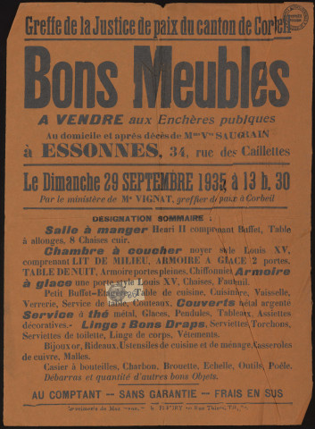 CORBEIL-ESSONNES. - Vente aux enchères de mobilier au domicile de Mme Veuve SAUGRAIN, 29 septembre 1935. 