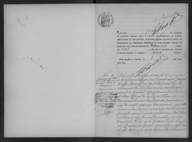 BALLANCOURT-SUR-ESSONNE.- Naissances, mariages, décès : registre d'état civil (1906). 