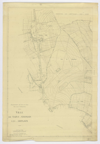 Fonds de plan topographique de SAINT-GERMAIN-LES-ARPAJON dressé et dessiné par M. GEOFFROY, géomètre-expert, vérifié par M. DIXMIER, ingénieur-géomètre, feuille 1, 1944. Ech. 1/2.000. N et B. Dim. 1,06 x 0,74. 