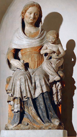 groupe sculpté : Vierge à l'Enfant et à l'oiseau