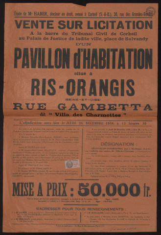 RIS-ORANGIS. - Vente sur licitation d'un pavillon d'habitation, rue Gambetta, 24 décembre 1936. 