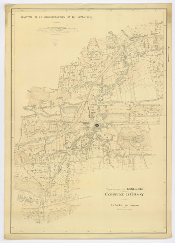 Plan topographique régulier d'ORSAY dressé et dessiné en 1945 par MM. LAYSSUS et GAYRAL, géomètres, vérifié par M. GRANIER, ingénieur-géomètre, Ministère de la Reconstruction et de l'Urbanisme, 1947. Ech. 1/2.000. N et B. Dim. 1,04 x 0,75. 