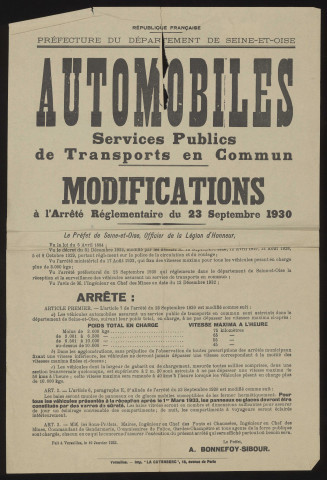 Seine-et-Oise [Département]. - Arrêté préfectoral portant modification de l'arrêté du 23 septembre 1930 sur les services publics de transports en commun, 10 janvier 1933. 