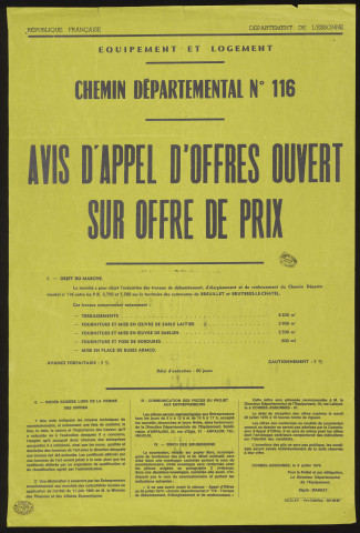 BREUILLET, BRUYERES-LE-CHATEL. - Avis d'appel d'offres ouvert sur offre de prix pour des travaux de débombement, d'élargissement et de renforcement du chemin départemental n° 116, entre les PK 2750 et 5500, 8 juillet 1970. 