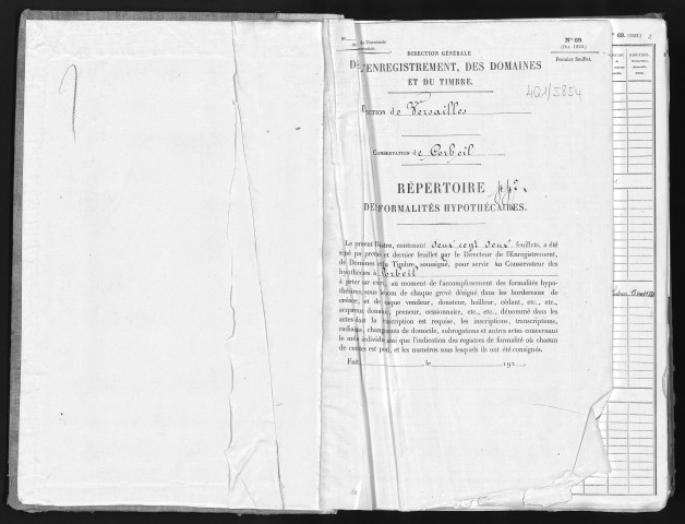 Conservation des hypothèques de CORBEIL. - Répertoire des formalités hypothécaires, volume n° 447 : A-Z (registre ouvert vers 1920). 